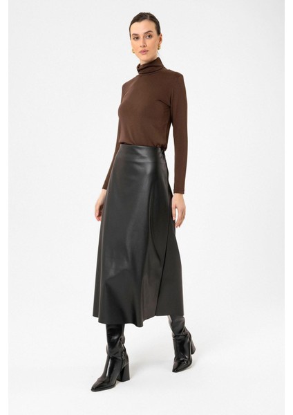 Siyah Kadın Suni Deri Midi Etek modelleri