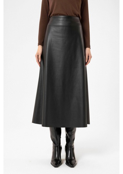 Siyah Kadın Suni Deri Midi Etek fırsatları
