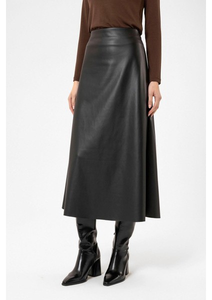 Siyah Kadın Suni Deri Midi Etek indirimleri