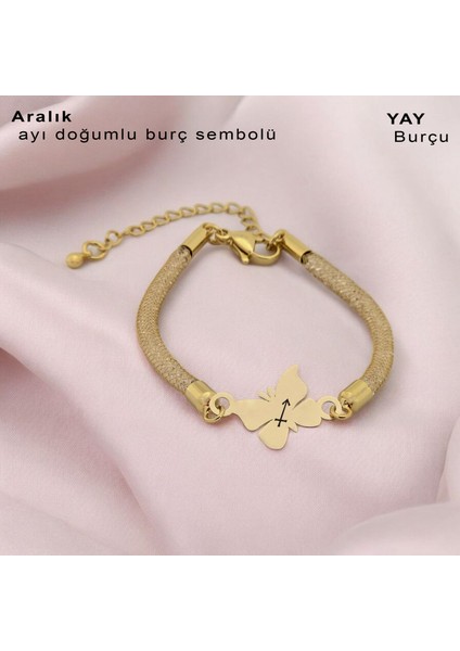 Kelebek Motifli 14 Ayar Altın Plakalı Kadınlar İçin Doğum Ayına Özel Bileklik-366DOĞUMAY-SW