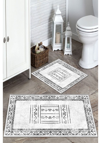 Kaymaz Taban Yıkanabilir 2'li Banyo Halısı ve Paspas Takımı, Beyaz, 60x100 ve 50x60
