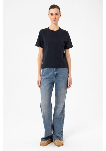 Lacivert Kadın Bisiklet Yaka Basic T-Shirt modelleri