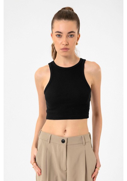 Siyah Kadın Fitilli Crop Atlet