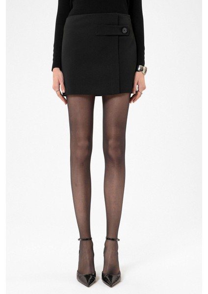 Siyah Kadın Düğme Detaylı Mini Etek