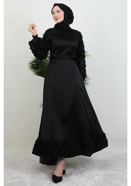 Gül Detay Saten Abiye Siyah