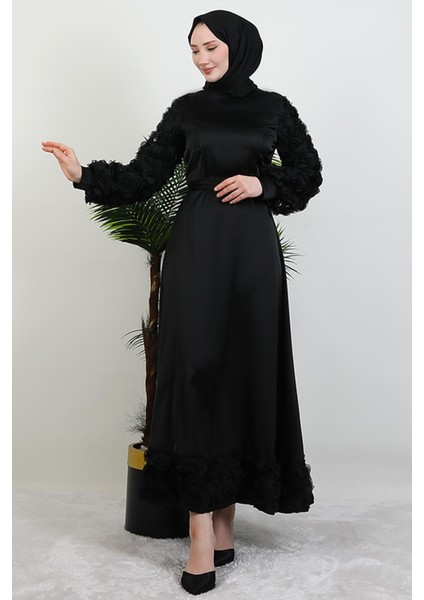 Gül Detay Saten Abiye Siyah fiyatları