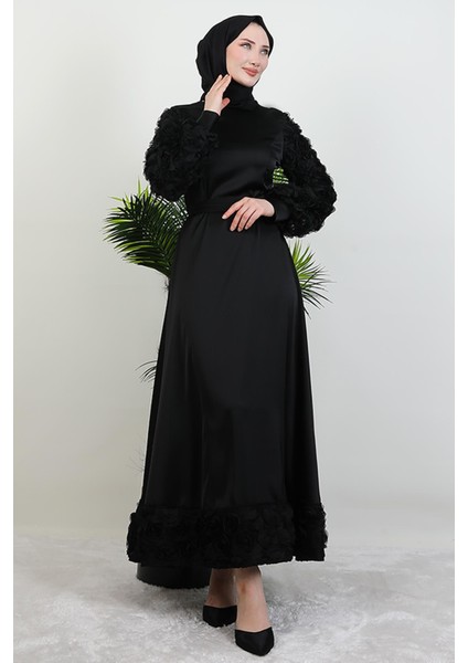 Gül Detay Saten Abiye Siyah modelleri