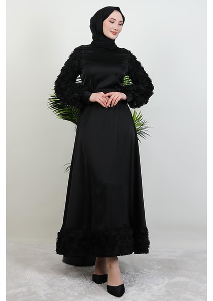 Gül Detay Saten Abiye Siyah fırsatları