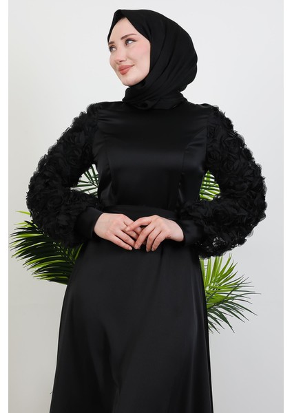 Gül Detay Saten Abiye Siyah indirimleri