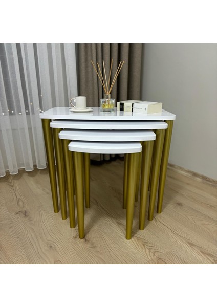 Başaran Mobilya Üst Kalite Mdf Boyalı 4'lü Beyaz Gold Zigon Sehpa Beyaz Gold Sehpa
