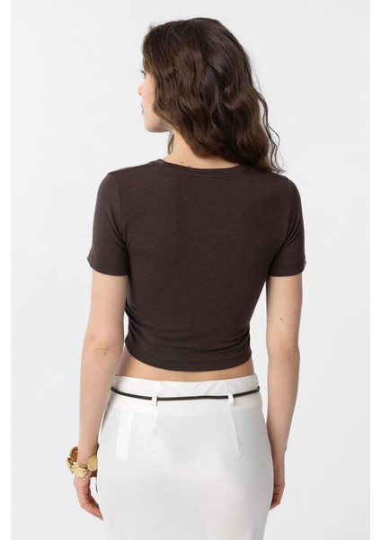 Kahve Crop Kadın T-Shirt indirimleri