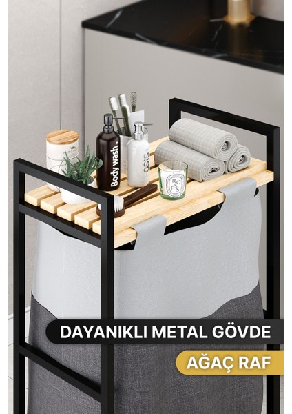 Banyo Düzenleyici Çamaşır Sepeti Ahşap Raflı Kirli Sepeti Keten Kumaşlı Organizer fırsatları