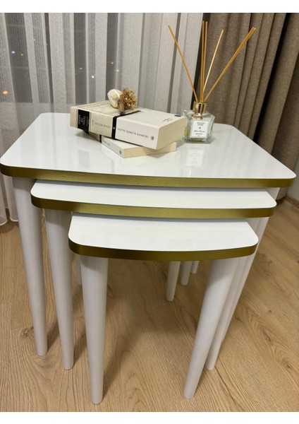 Başaran Mobilya Üst Kalite Mdf Lam Kenarları Boyalı 3'lü Beyaz Gold Zigon Sehpa Beyaz Gold Sehpa
