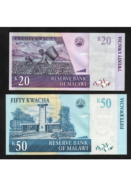 Malawı 20+50 Kwacha – Unc 2 Adet Çil Banknot
