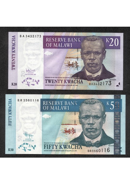 Malawı 20+50 Kwacha – Unc 2 Adet Çil Banknot fiyatları