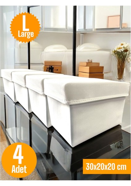 4 Adet Beyaz Kapaklı Dolap Içi Düzenleyici Kutu Çok Amaçlı Saklama Kutusu Large 30 x 20 x 20 cm