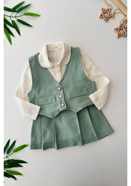Chanel Yelekli Kız Çocuk 3 lü takım - Mint