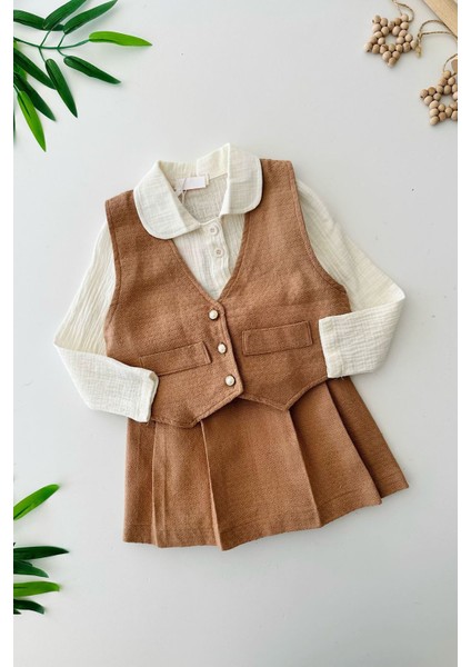 Chanel Yelekli Kız Çocuk 3 lü takım - Taba