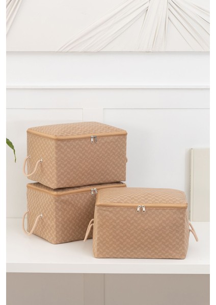 3'lü Balıksırtı Desenli Bej Küçük Boy Baza Altı, Valiz Düzenleyici Hurç / 30 x 22 x 18