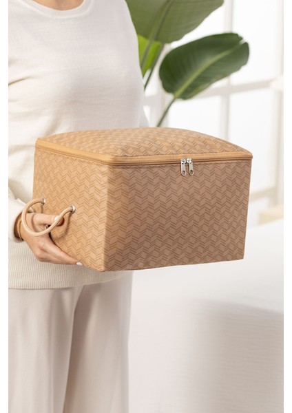 3'lü Balıksırtı Desenli Bej Küçük Boy Baza Altı, Valiz Düzenleyici Hurç / 30 x 22 x 18 modelleri