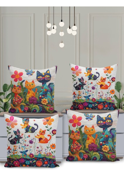 4 Lü Çift Taraflı Dijital Baskı Kırlent Kılıfı Kedi Desenli
