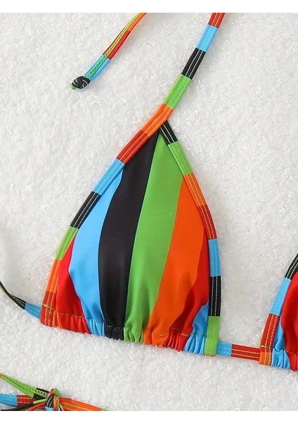 Blok Çizgili Renk Baskılı Üçgen Askılı Sırtı Açık 2 Parça Bikini Takımları