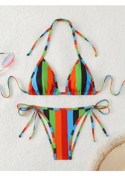 Blok Çizgili Renk Baskılı Üçgen Askılı Sırtı Açık 2 Parça Bikini Takımları