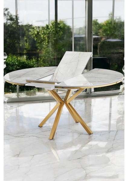 Arhor Serisi 100 x 100 Açılabilir Lak Panel Beyaz Mermer Desen Masa - Gold Ayak