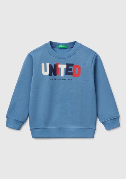Erkek Çocuk Havacı Mavi Benetton Logo Baskılı Bisiklet Yaka Sweatshirt