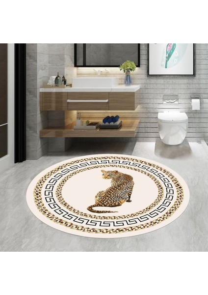 Leopar Desenli Yuvarlak Banyo Paspası, Kaymaz Taban, 80x80 cm, Polyester, Krem
