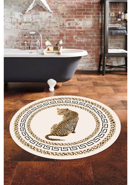 Leopar Desenli Yuvarlak Banyo Paspası, Kaymaz Taban, 80x80 cm, Polyester, Krem fiyatları