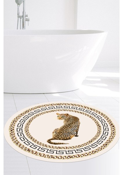 Leopar Desenli Yuvarlak Banyo Paspası, Kaymaz Taban, 80x80 cm, Polyester, Krem modelleri