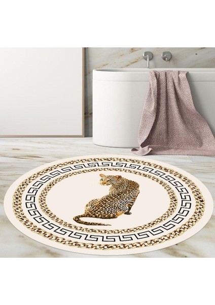 Leopar Desenli Yuvarlak Banyo Paspası, Kaymaz Taban, 80x80 cm, Polyester, Krem fırsatları
