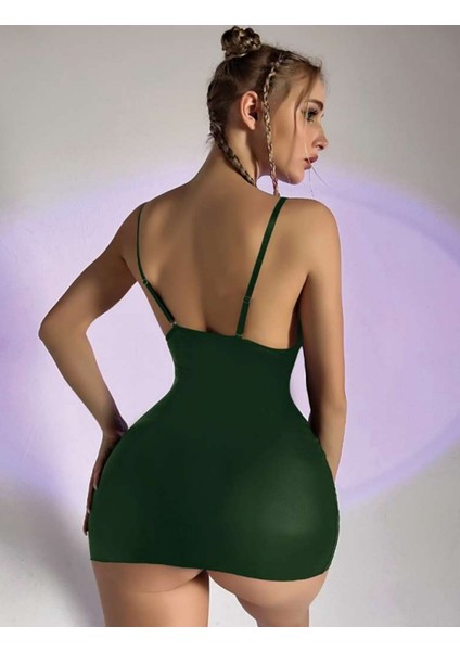 Yeşil Dekolte Detaylı Suni Deri Lame Elbise fiyatları