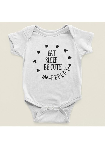 Yemek Ye, Uyu, Sevimli Ol, Tekrar Et Yazılı Pamuklu Yumuşak Unisex Çıtçıtlı Body Zıbın