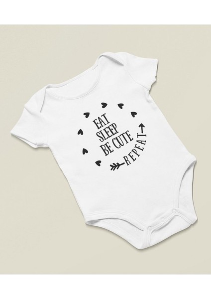 Yemek Ye, Uyu, Sevimli Ol, Tekrar Et Yazılı Pamuklu Yumuşak Unisex Çıtçıtlı Body Zıbın