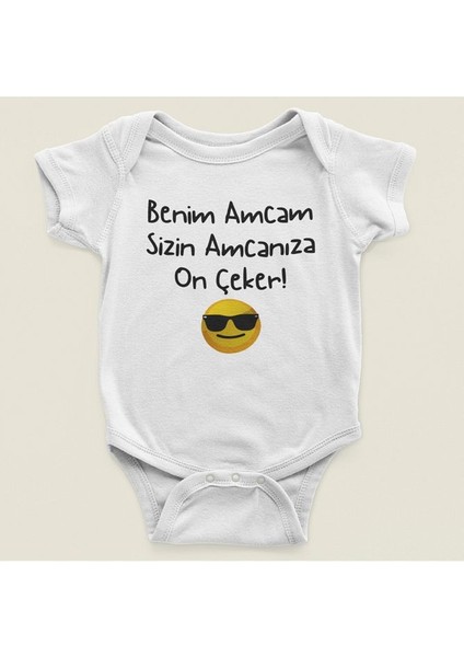Benim Amcam Sizin Amcanıza On Çeker ! Yazılı Pamuklu Yumuşak Unisex Çıtçıtlı Body Zıbın Yeni Doğan
