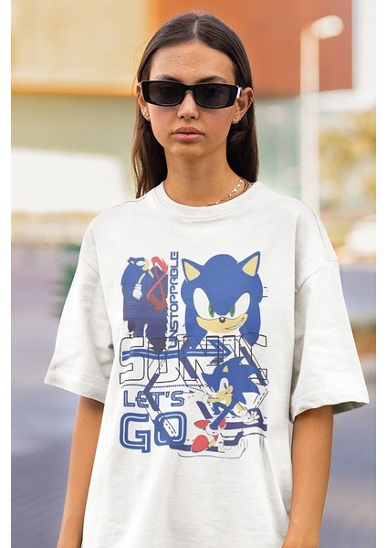 Unstoppable Sonic Lets Go Baskılı Unisex Oversize Çizgi Film Tişört
