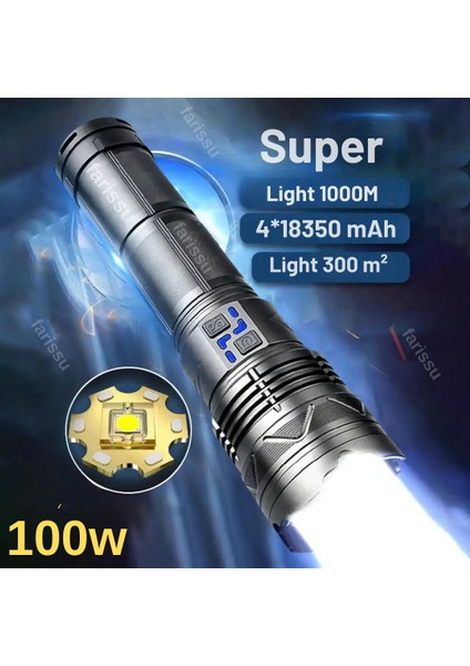Gold Orion OR-G500 100W Süper Parlak LED El Feneri – 1000 Metre Menzilli, 4*181350 Lityum Pil, Zoom Özellikli, Şarj Edilebilir, Su Geçirmez Metal Gövde