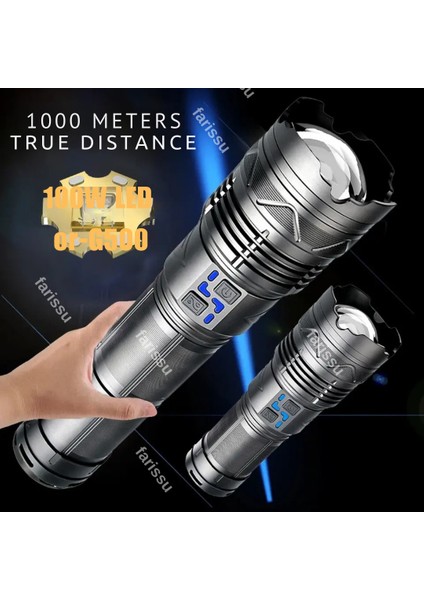 Gold Orion OR-G500 100W Süper Parlak LED El Feneri – 1000 Metre Menzilli, 4*181350 Lityum Pil, Zoom Özellikli, Şarj Edilebilir, Su Geçirmez Metal Gövde indirimleri