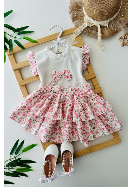 Katkat Etekli Çiçek Baskılı Kız Çocuk Fiyonklu 2 li takım - Pembe