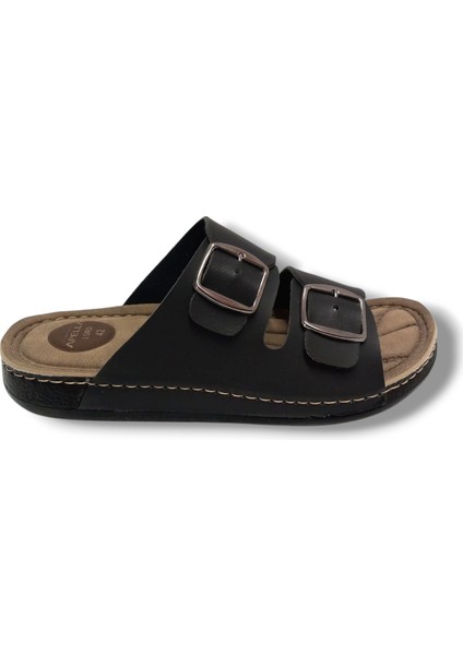 955-4-25 Deri Anatomik Çift Bantlı Soft Erkek terlik modelleri