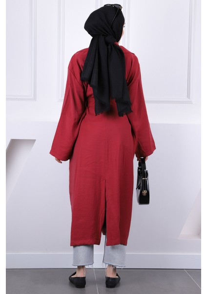 Bordo Kruvaze Yaka Bel Kuşaklı Modal Trençkot modelleri