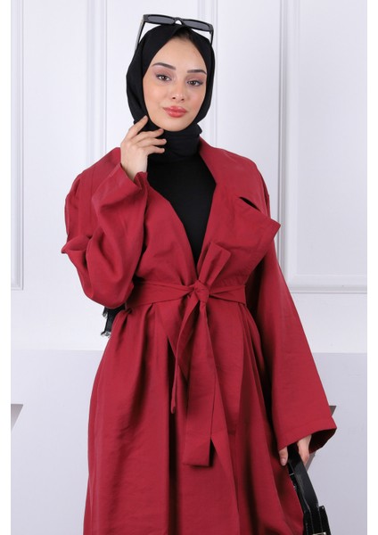 Bordo Kruvaze Yaka Bel Kuşaklı Modal Trençkot fırsatları