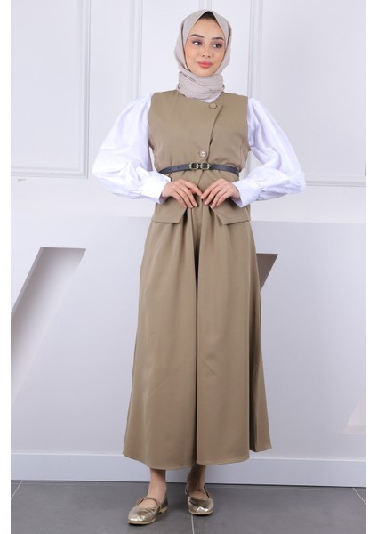 Haki Kemerli Yelek Etekli Takım