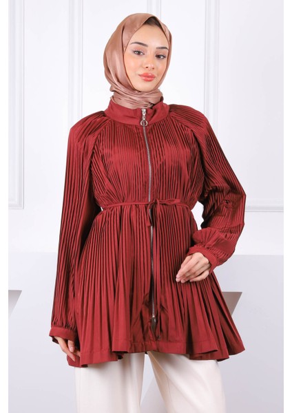 Bordo Piliseli Fermuarlı Ceket