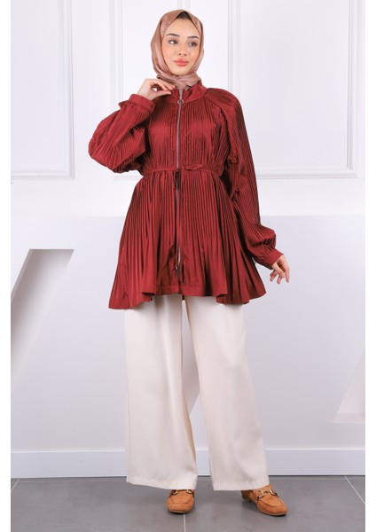 Bordo Piliseli Fermuarlı Ceket modelleri