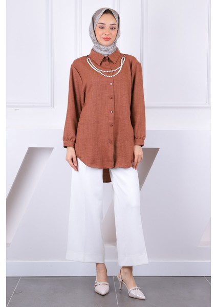 Kahverengi İnci Kolyeli Keten Gömlek fiyatları
