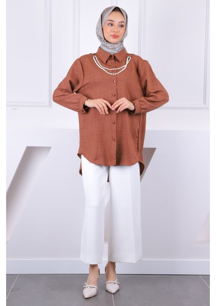 Kahverengi İnci Kolyeli Keten Gömlek modelleri