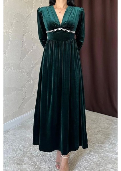 my Zümrüt Göğüs Altı Taşlı Elbise